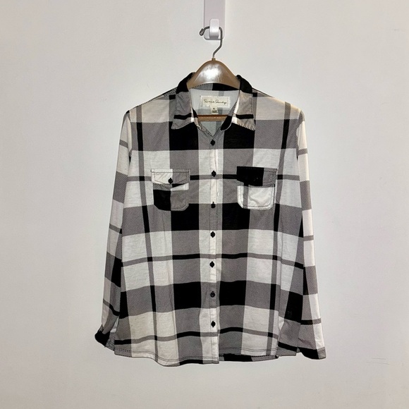 French Laundry B&W Buffalo Plaid Long Sleeve Button Down Pockets Soft Jersey XL - Picture 2 of 8